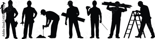Silhouettes of construction workers in action poses — tool, posture, and gesture reference for labor, industry, and vocational design
