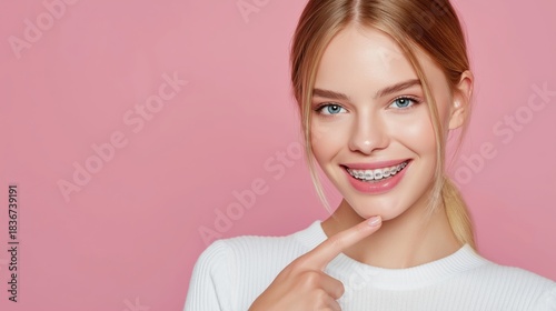 A girl with metal braces supports orthodontic marketing, teen dental care advertising and clinic promotional campaigns. Alignment treatment branding, dental product visuals