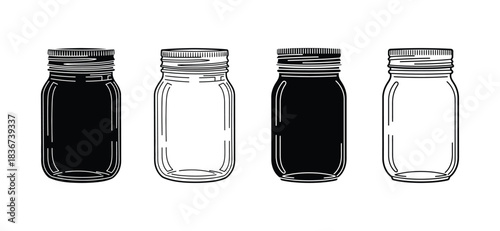 Set of illustrative glass jars two empty, two with contents, ideal for kitchen and pantry storage
