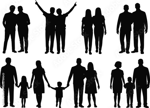Silhouettes of couples and families in various poses — relationship, parenting, and lifestyle reference for design, education, and branding