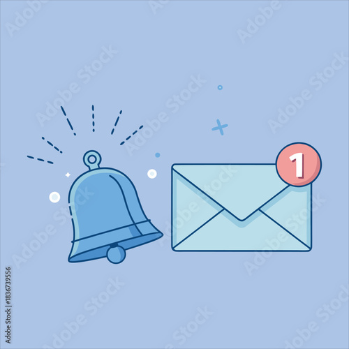 Line art illustration of a digital notification bell ringing and an email envelope with a new message alert, conveying incoming communication, important updates, and system notifications