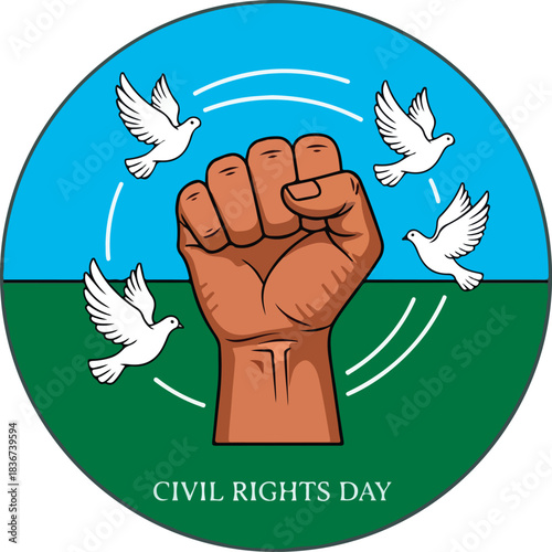 Powerful raised fist symbolizing unity and freedom alongside flying doves for social justice events