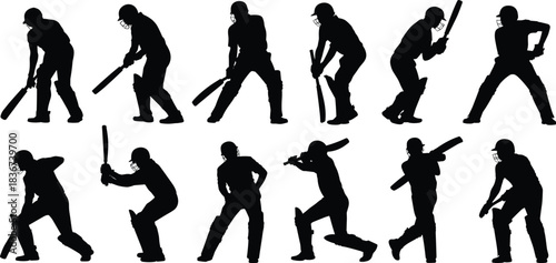 Silhouettes of cricket players in dynamic batting poses — sports technique, gear, and motion reference for training and design use