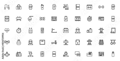 Fitness and Gym icon set. Vector illustration pack. ncludes symbols for dumbbel, smartwatch, heart rate,gym bag, protein shake, caendar, equipment and more.