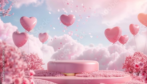 Valentine Pink Background with Heart Balloons and Product Podium