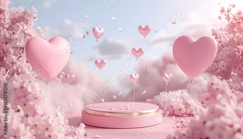 Valentine Pink Background with Heart Balloons and Product Podium