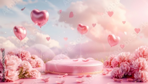 Valentine Pink Background with Heart Balloons and Product Podium