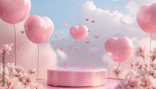 Valentine Pink Background with Heart Balloons and Product Podium