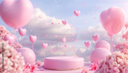 Valentine Pink Background with Heart Balloons and Product Podium