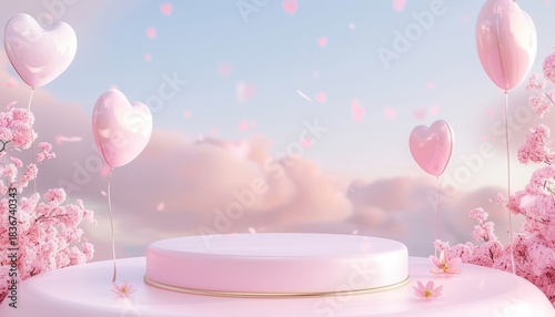 Valentine Pink Background with Heart Balloons and Product Podium