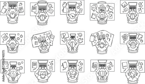 top view, desk workspace, laptop user, office setup, creative work, productivity, student desk, remote job, freelance work, digital lifestyle