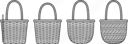 Traditional woven baskets, handmade craft, rustic containers, cultural design, artisan weave, natural fibers, ethnic texture, decorative storage, folk art, heritage style