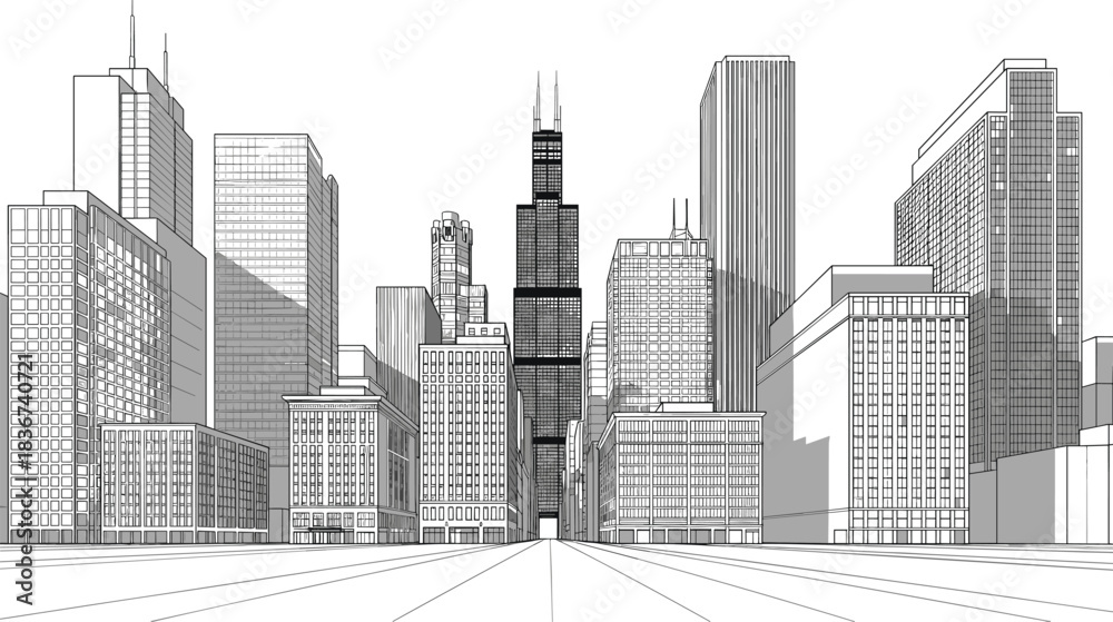 Naklejka premium urban skyline, cityscape illustration, chicago architecture, symmetrical street, skyscraper design, vector city, downtown buildings, modern metropolis, urban planning, architectural diversity