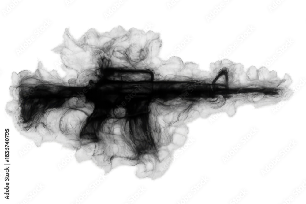 Obraz premium Assault rifle silhouette forming from dark smoke and particles on transparent background, representing conflict and danger
