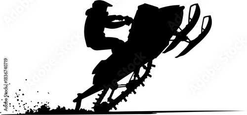 Silhouette of a person riding a snowmobile performing a jump with snow spraying from the tracks