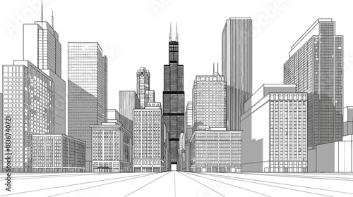 urban skyline, cityscape illustration, chicago architecture, symmetrical street, skyscraper design, vector city, downtown buildings, modern metropolis, urban planning, architectural diversity