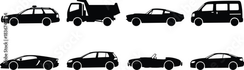 Vehicle silhouettes, police car, dump truck, sports car, minivan, luxury car, hatchback, convertible, sedan, transportation types, side profile