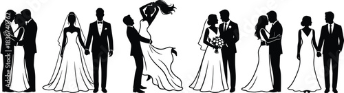 Wedding couple silhouette, romantic bride groom pose, black white wedding art, elegant marriage moment, bridal love illustration, formal attire