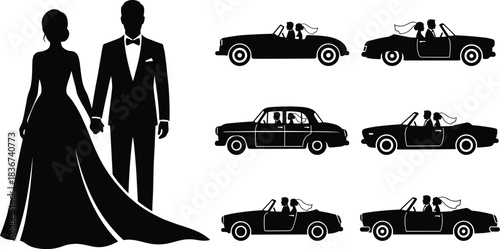 Wedding couple silhouette, romantic car ride, bride groom journey, vintage convertible, honeymoon travel, elegant love, celebration, marriage, unity, romance