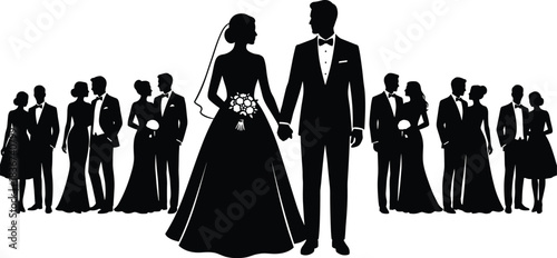 Wedding silhouette, bride and groom, formal attire, bridal party, romantic moment, elegant celebration, tuxedo, bouquet, ceremony, love, unity, marriage, couple, bridesmaids, groomsmen