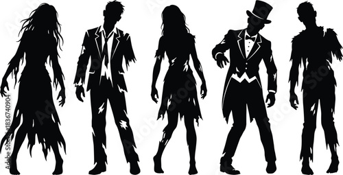 Zombie silhouettes, horror characters, undead costumes, Halloween theme, spooky figures, creepy shadows, tattered clothing, eerie poses, scary night, haunted vibe