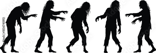Zombie silhouettes, horror theme, Halloween design, undead figures, creepy shadows, spooky illustration, eerie walking, scary pose, tattered clothing, haunted night