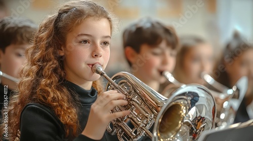 Young Girl Plays Brass Instrument With Curly Hair and Sparkly Top During Orchestra Practice with Blurred Background