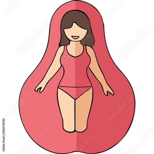Stylized Illustration of a Smiling Woman in a Pink Swimsuit Within a Red Outline Resembling a Russian Nesting Doll Shape Against a Black Background with Soft Shadows