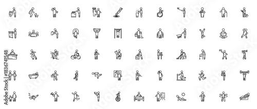 Behavior icon set. Vector illustration of daily actiities. Includes symbols fo washing hands, cooking, eercising, working, cleanin, sports and more. Editabl stroke.