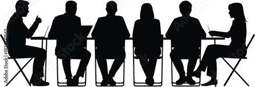 Silhouettes of professionals in seated meeting with laptops — teamwork, communication, and decision-making reference for business and organization