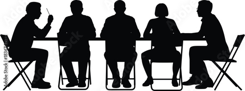 Silhouettes of professionals seated around table in discussion — teamwork, collaboration, and meeting concept for business and organization