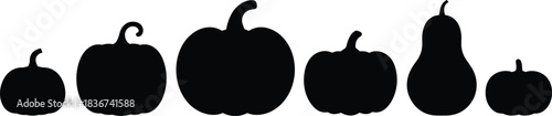Silhouettes of pumpkins and gourds in varied shapes — botanical reference for fall, harvest, and seasonal design themes