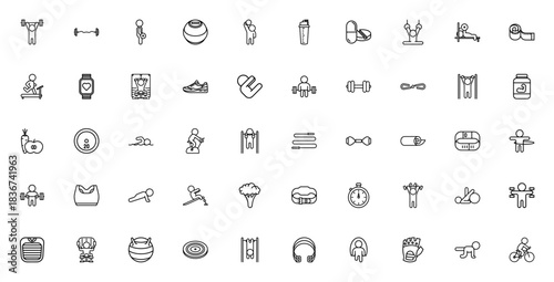 Healthy lifestyle icon set. Fitness vector illustratons. Includes symbols for eightlifting, running, gymequipment, nutrition, exerise bike, dumbbell, protei shake and more. Editable troke.