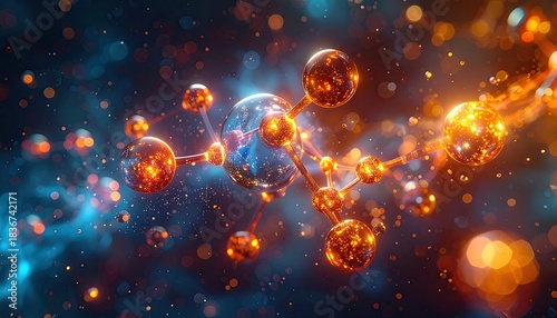 Illuminated molecular structure against a nebulous blue and orange background, vibrant & abstract