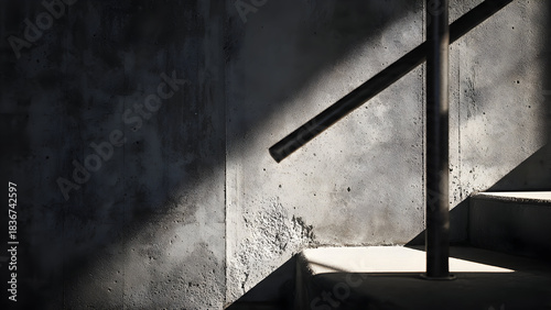 Harsh sunlight illuminating raw concrete beside sleek metal railing creating bold high-contrast minimal architectural interaction
