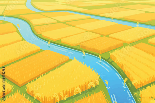 Stylized agricultural landscape with golden crop fields and winding river, ideal for farming, irrigation, or rural themes.