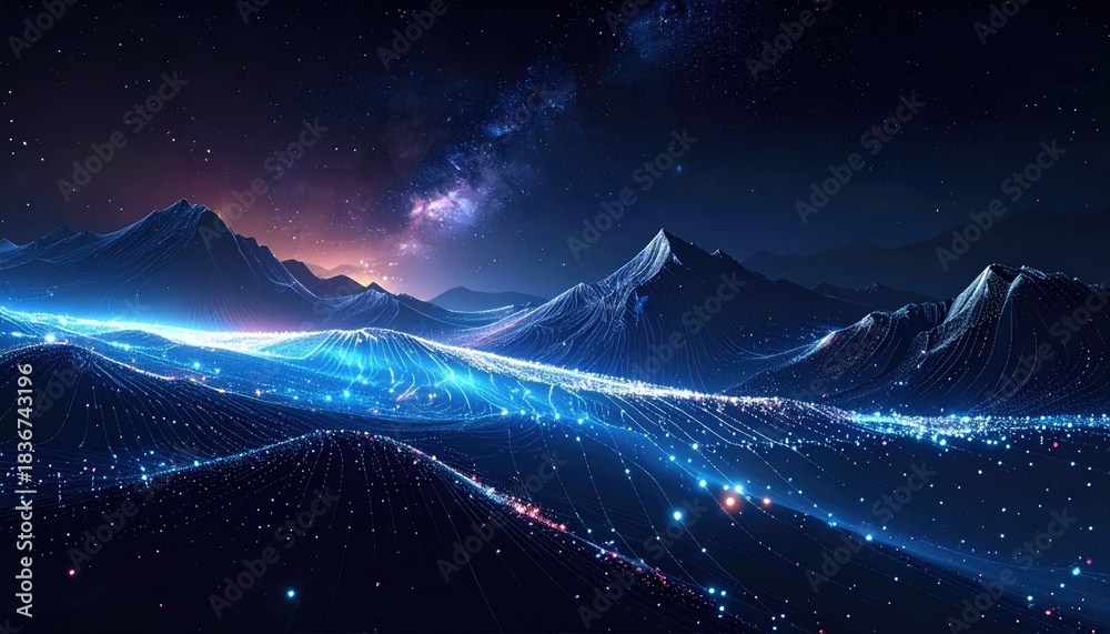 Fototapeta premium Digital landscape with peaks, glowing networks, and a starry night sky