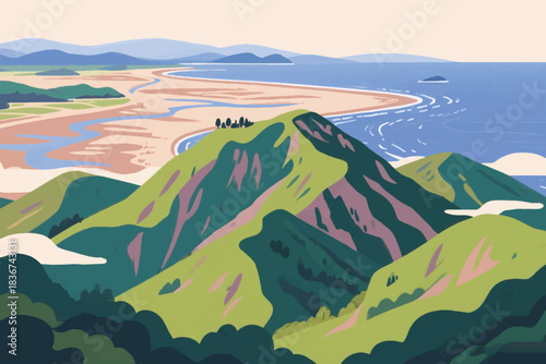 Scenic coastal landscape with green mountains, winding river, and calm ocean, ideal for nature or travel themes.