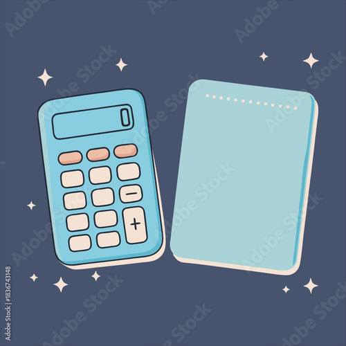 Minimalist vector graphic with a cute pastel blue calculator and a blank notebook, representing finance, education, and planning essentials