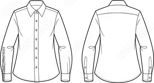 Cad drawing flat vector, button-up shirt template, fashion sketch, collar, cuff, placket, yoke, curved hem, front back view