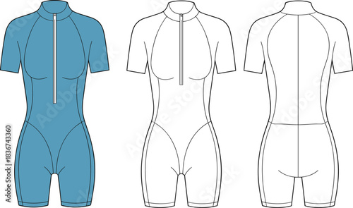 Cad drawing flat vector, athletic bodysuit template, fashion sketch, cycling skinsuit, zipper front, contour seams, short sleeves