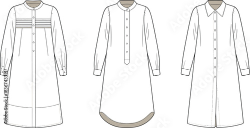 Cad drawing flat vector, shirt dress template, fashion sketch, mandarin collar, pleated detail, curved hem, button placket, cuff