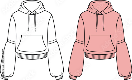 Cad drawing flat vector, cropped hoodie template, fashion sketch, puff sleeve, kangaroo pocket, ribbed hem, drawstring hood, pink