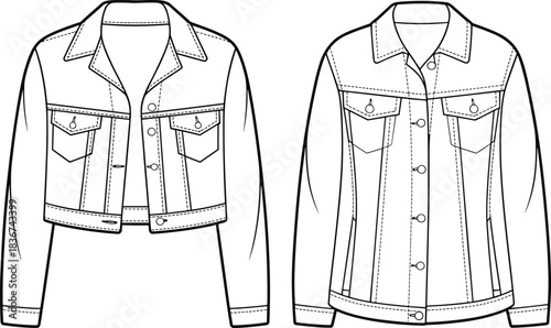 Cad drawing flat vector, denim jacket template, fashion sketch, cropped and long style, chest pockets, button front, collar, cuff