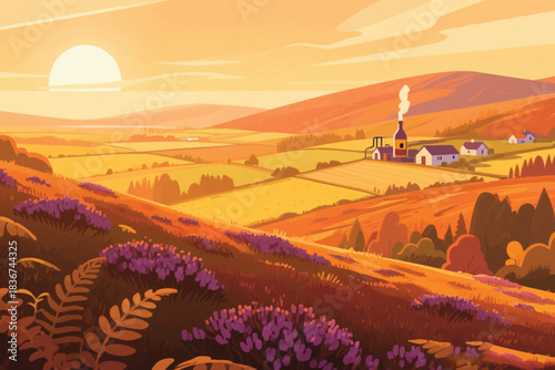 Idyllic sunset landscape with purple wildflowers, rolling hills, and cozy house with chimney smoke.