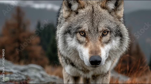 A majestic wolf walks gracefully towards the camera, its fur glistening in the soft light