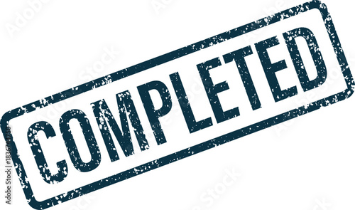 Distressed dark blue completed text inside rectangular stamp indicates finishing a task with transparent background