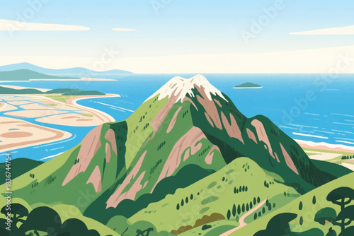 Diverse natural landscape with snow capped mountain, forested hills, coastline, and calm ocean under clear sky.