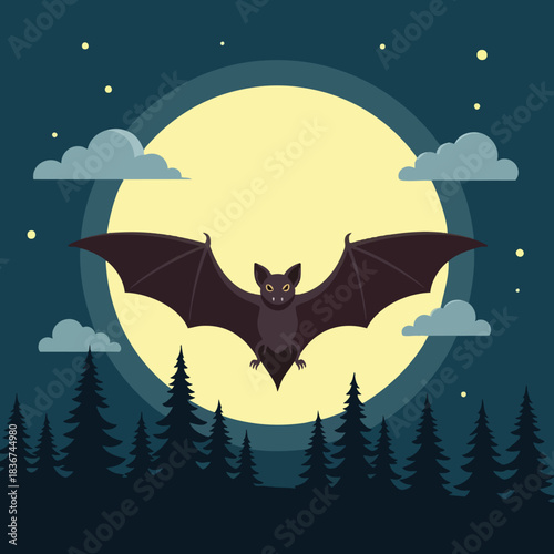 Flying Bat Silhouette Against Full Moon Night Sky