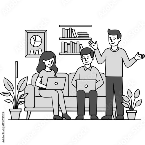 Three diverse people collaborating on laptops in a modern office setting with plants and bookshelves creating a productive atmosphere